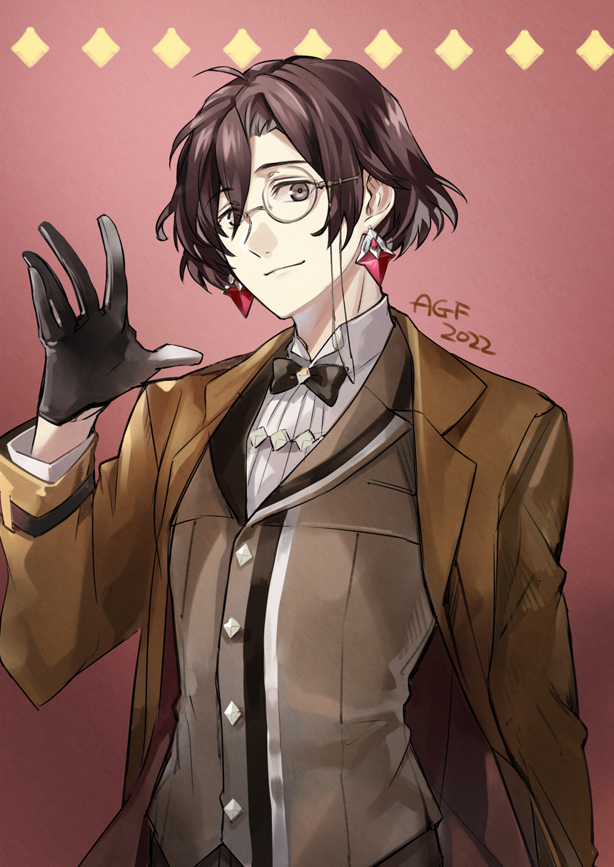 1boy, black_bow, black_bowtie, black_gloves, black_hair, bow, bowtie, brown_coat