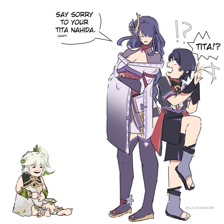 1boy, 2girls, absurdres, arm_armor, artist_name, bare_shoulders, barefoot, belt, black_eyes, black_footwear, black_hair, black_shirt, black_shorts, blue_eyes, bow, bowtie, braid, breasts, brown_footwear, cloudfaramore, crossed_arms, crying, crying_with_eyes_open, detached_sleeves, dress, english_text, fan_hair_ornament, flower, gem, genshin_impact, gold, green_gem, green_hair, grey_dress, grey_hair, hair_between_eyes, hair_flower, hair_ornament, hand_fan, hands_up, heart, heart_hair_ornament, highres, japanese_clothes, jewelry, kimono, leg_up, long_hair, long_sleeves, looking_at_another, looking_to_the_side, mandarin_collar, medium_breasts, mitsudomoe_(shape), multicolored_hair, multiple_girls, nahida_(genshin_impact), necklace, off-shoulder_dress, off_shoulder, open_mouth, own_hands_together, pink_bow, pink_bowtie, ponytail, purple_belt, purple_dress, purple_eyes, purple_flower, purple_hair, purple_kimono, purple_socks, purple_thighhighs, raiden_shogun, red_belt, sandals, scaramouche_(genshin_impact), shirt, short_hair, short_sleeves, shorts, side_ponytail, simple_background, sitting, socks, speech_bubble, standing, standing_on_one_leg, tears, teeth, thighhighs, tomoe_(symbol), tongue, two-tone_hair, v-shaped_eyebrows, white_background, wide_sleeves