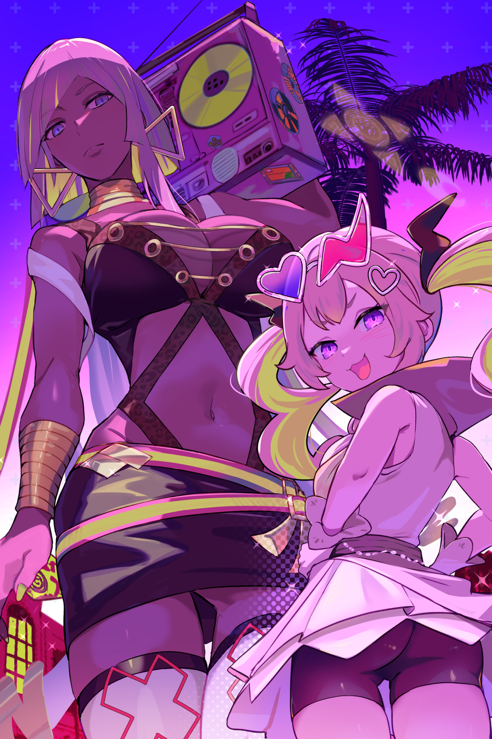 2girls, :d, arm_up, ass, asymmetrical_eyewear, bare_shoulders, bike_shorts, black_dress