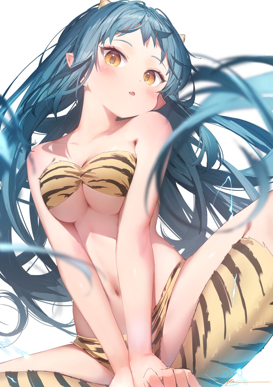 1girl, animal_print, bad_id, bad_twitter_id, bare_shoulders, bikini, blue_background, blue_hair