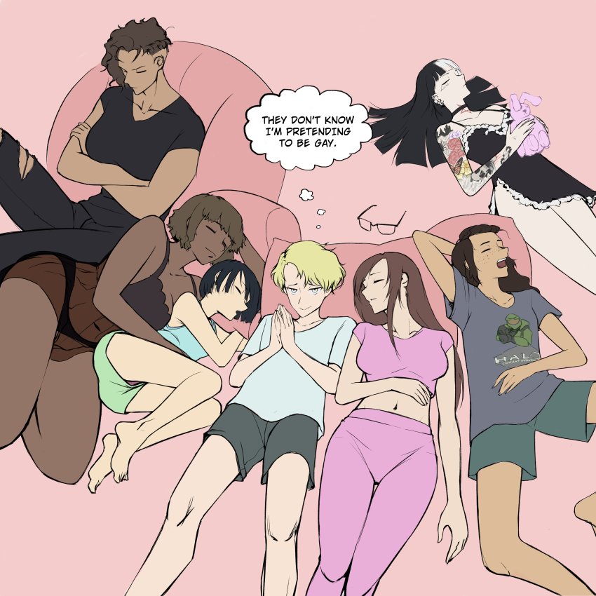 1boy, 6+girls, absurdres, arm_support, arm_tattoo, asymmetrical_hair, bare_shoulders, barefoot, bean_bag_chair, black-framed_eyewear, black_bra, black_camisole, black_hair, black_necktie, black_panties, black_pants, blonde_hair, blue_tank_top, blunt_bangs, bra, breasts, brown_hair, butterfly_tattoo, camisole, character_print, choker, cleavage, closed_eyes, collarbone, cropped_shirt, crossed_arms, dark-skinned_female, dark_skin, digging_your_own_grave, ear_piercing, earclip, earrings, english_text, facial_tattoo, flat_color, flower_tattoo, frilled_camisole, frills, glasses, green_shorts, grey_shirt, grey_shorts, hair_pulled_back, halo:_combat_evolved, halo_(series), hand_on_own_stomach, hand_tattoo, heart, heart_tattoo, highres, holding, holding_stuffed_toy, jewelry, large_breasts, lingerie, long_hair, lying, master_chief, medium_breasts, midriff, multiple_girls, navel, necktie, negligee, on_back, on_side, open_mouth, original, panties, pants, panty_peek, pentagram, piercing, pink_background, pink_pants, pink_shirt, purple_panties, reclining, shirt, short_hair, short_sleeves, shorts, simple_background, sitting, skull_tattoo, sleeping, small_breasts, speech_bubble, spooning, stuffed_animal, stuffed_rabbit, stuffed_toy, swept_bangs, t-shirt, tank_top, tattoo, teeth, thighs, thought_bubble, toes, torn_clothes, torn_pants, undercut, underwear, unworn_eyewear, white_hair, white_shirt, yblndr