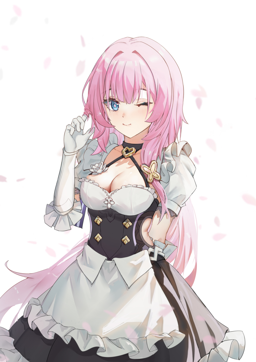 1girl, absurdres, alternate_costume, black_dress, blue_eyes, breasts, cleavage, closed_mouth