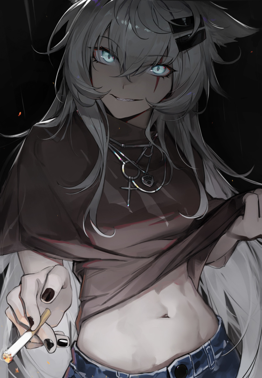 1girl, absurdres, animal_ears, arknights, black_nails, black_shirt, blue_eyes, cigarette, commentary, crop_top, grey_hair, grin, hair_between_eyes, hair_ornament, hairclip, head_tilt, highres, holding, holding_cigarette, jewelry, lappland_(arknights), long_hair, looking_at_viewer, midriff, nail_polish, navel, necklace, qingfeng_canying, scar, scar_across_eye, scar_on_face, shirt, smile, solo, stomach, upper_body, very_long_hair, wolf_ears