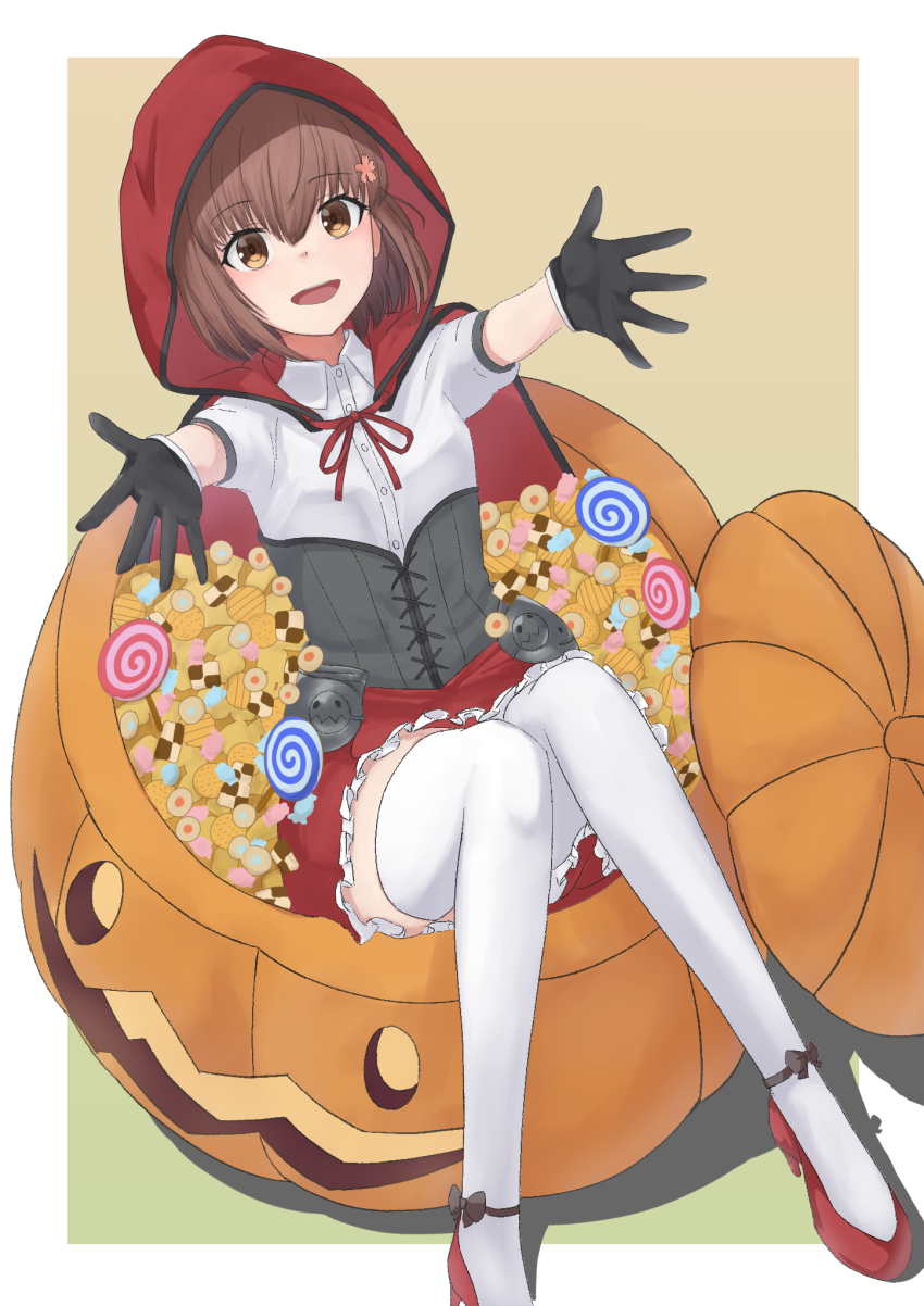 1girl, abukuma_(halloween)_(kancolle), abukuma_(kancolle), abukuma_(kancolle)_(cosplay), black_gloves, brown_eyes, brown_hair, candy