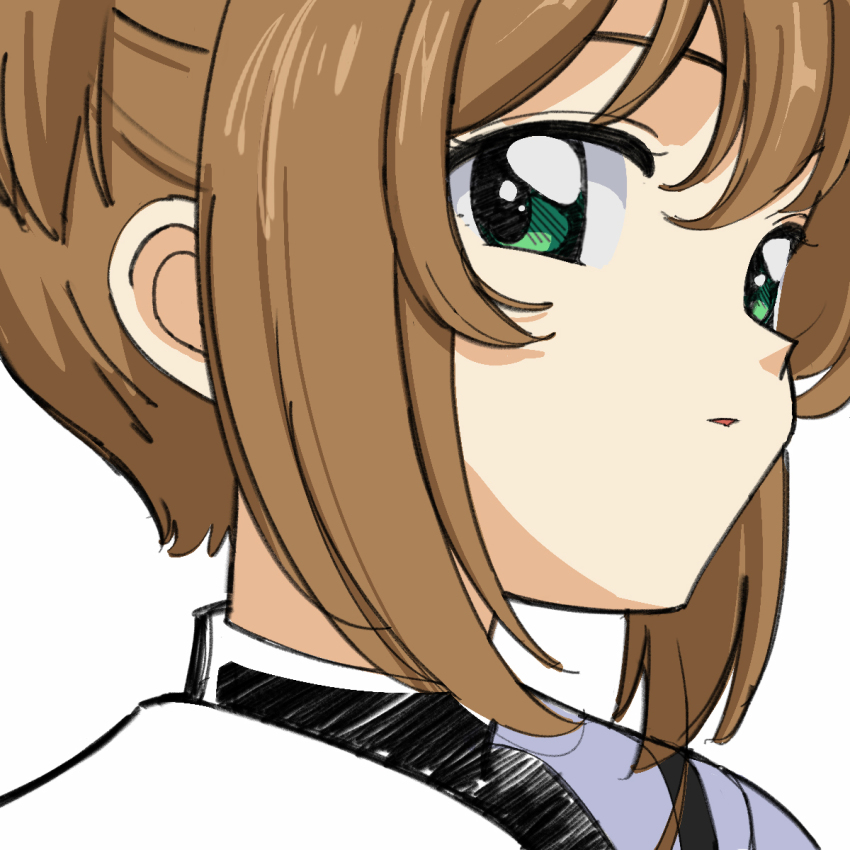 1girl, brown_hair, cardcaptor_sakura, close-up, eyebrows_hidden_by_hair, from_side, green_eyes, hair_between_eyes