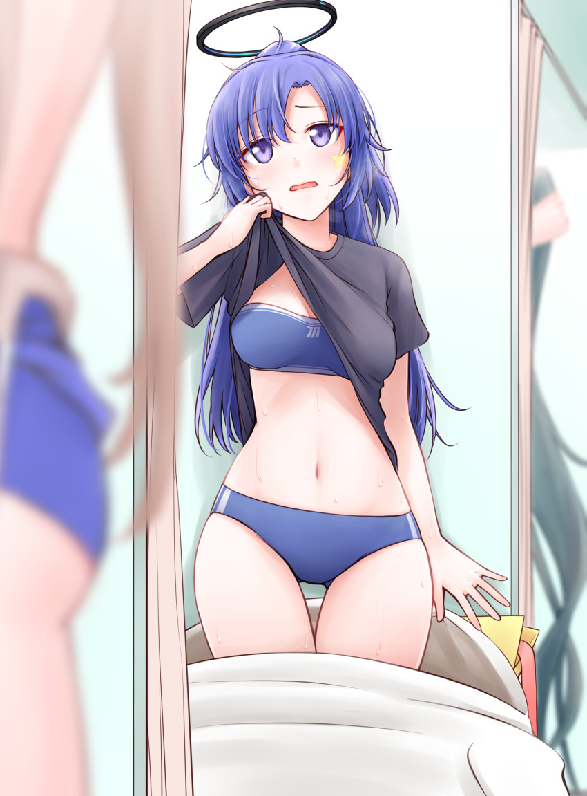 3girls, black_hair, blue_archive, blue_buruma, blue_hair, blurry, blurry_foreground, blush