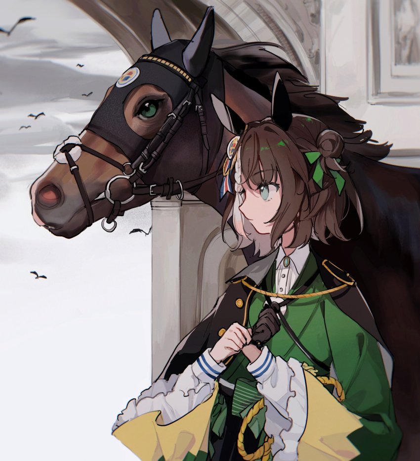 1girl, aiguillette, animal, animal_ears, black_cape, brown_hair, cape, colored_inner_hair, creature_and_personification, ear_covers, frilled_sleeves, frills, gloves, green_ribbon, hair_bun, hair_ribbon, highres, horse, horse_ears, horse_girl, horse_tail, long_sleeves, multicolored_hair, nebusoku_(qinbuzu), original, personification, real_life, ribbon, short_hair, tail, titleholder_(racehorse), umamusume, white_hair