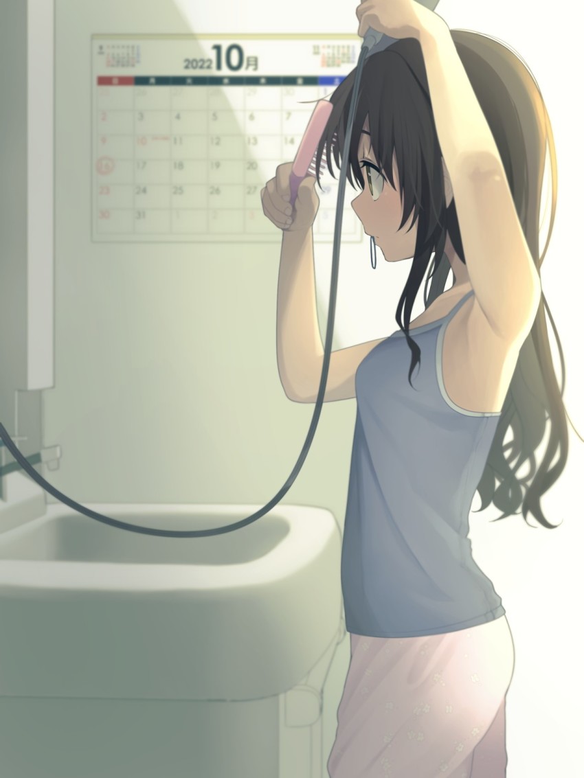 1girl, armpits, arms_up, bathroom, blue_camisole, breasts, brown_eyes, brown_hair
