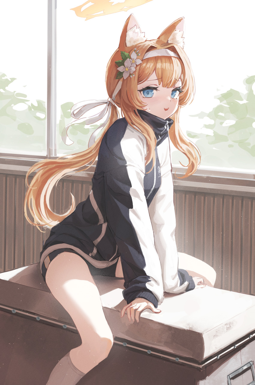 1girl, :d, absurdres, animal_ear_fluff, animal_ears, blue_archive, blue_eyes, flower