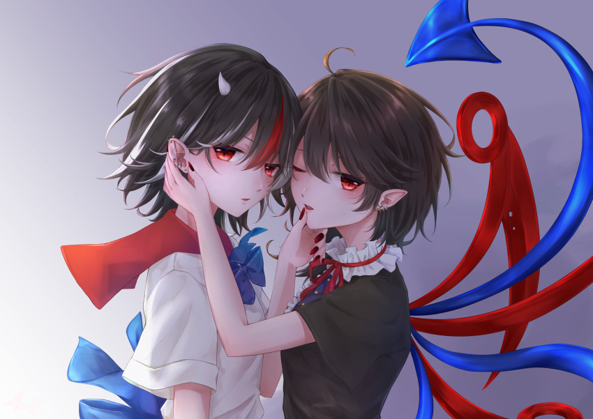 2girls, absurdres, ahoge, black_hair, blue_bow, blue_bowtie, bow, bowtie
