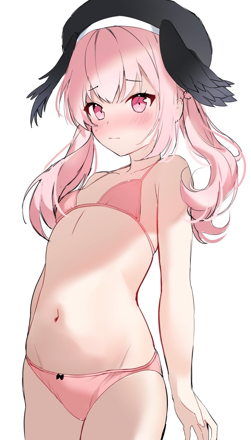 1girl, absurdres, black_hat, blue_archive, blush, bow, bow_panties, bra, breasts, feathered_wings, female_focus, hat, head_wings, highres, koharu_(blue_archive), loli, long_hair, looking_at_viewer, minojko112, navel, panties, pink_background, pink_bra, pink_eyes, pink_hair, pink_panties, simple_background, small_breasts, solo, standing, thighs, twintails, underwear, underwear_only, white_background, winged_hat, wings