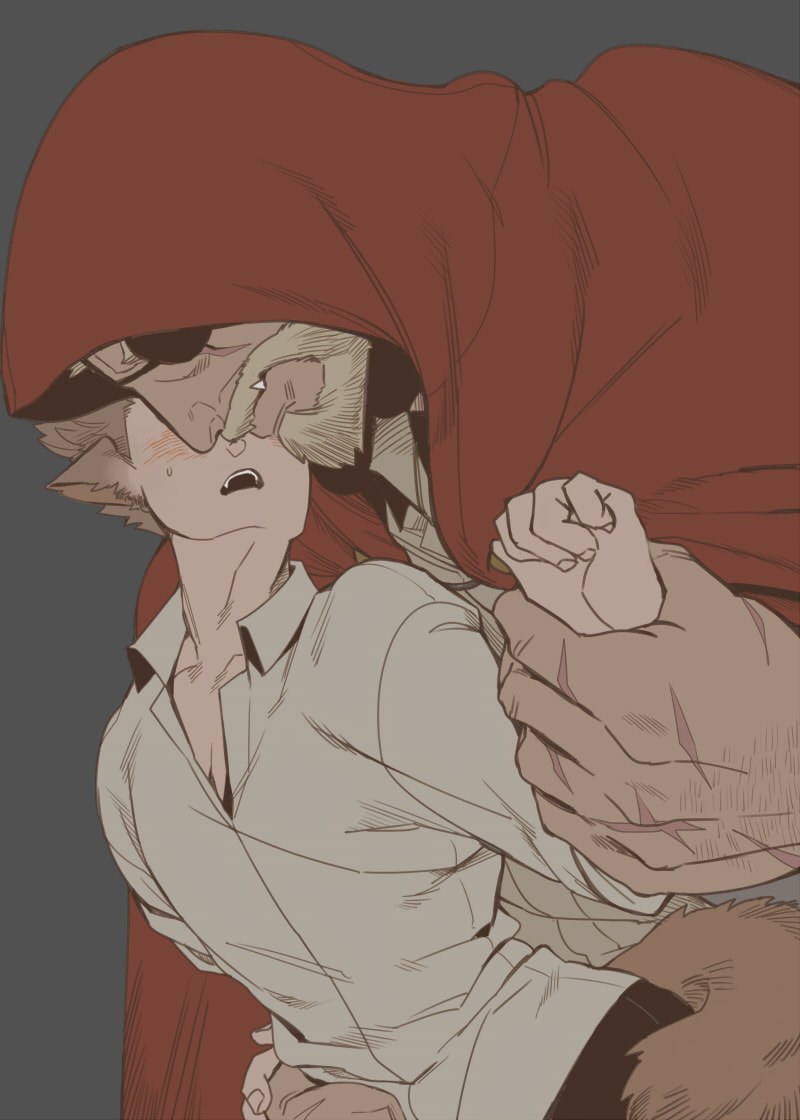 2boys, animal_ears, balor_(housamo), bara, beard, big_bad_wolf, big_bad_wolf_(grimm)_(cosplay), black_pants