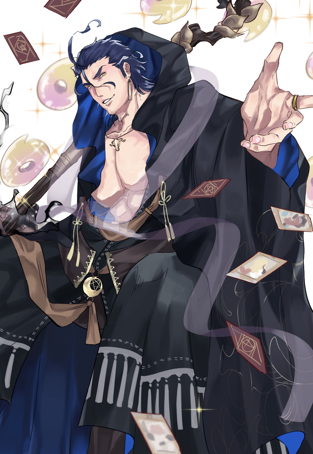 1boy, animal_skull, bara, black_robe, blue_hair, card, commentary, dark_blue_hair