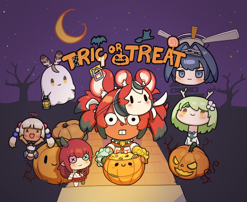 6+girls, :d, absurdres, ahoge, animal_ears, antlers, bare_shoulders, bare_tree