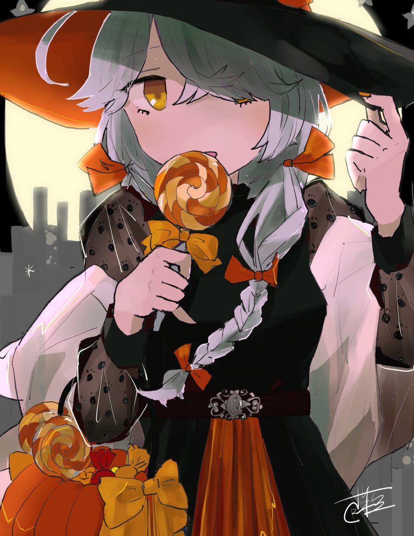 1girl, ahoge, basket, black_dress, black_hat, black_ribbon, bonozako, braid