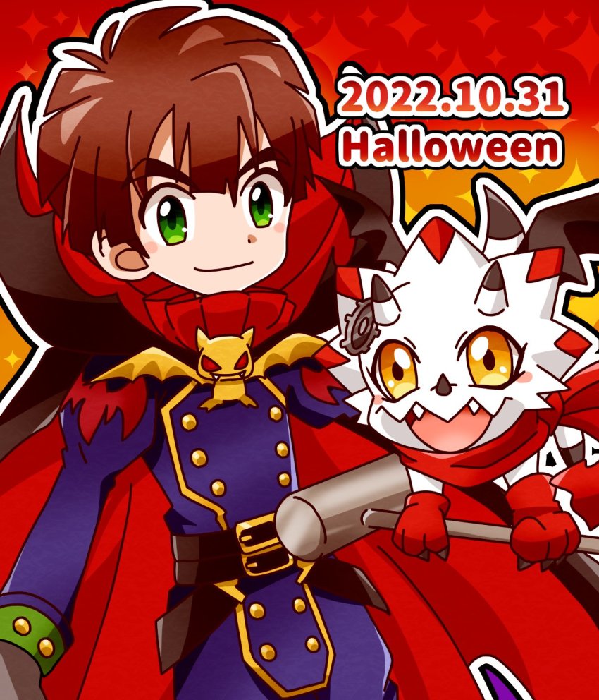 2boys, amanokawa_hiro, belt, brown_hair, clockmon, clockmon_(cosplay), cosplay, dated, digimon, digimon_ghost_game, dinosaur, gammamon, green_eyes, halloween, halloween_costume, highres, looking_at_viewer, multiple_boys, short_hair, vamdemon, vamdemon_(cosplay)