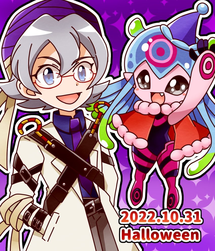 1boy, 1girl, blue_eyes, cosplay, digimon, digimon_ghost_game, halloween, higashimitarai_kiyoshiro