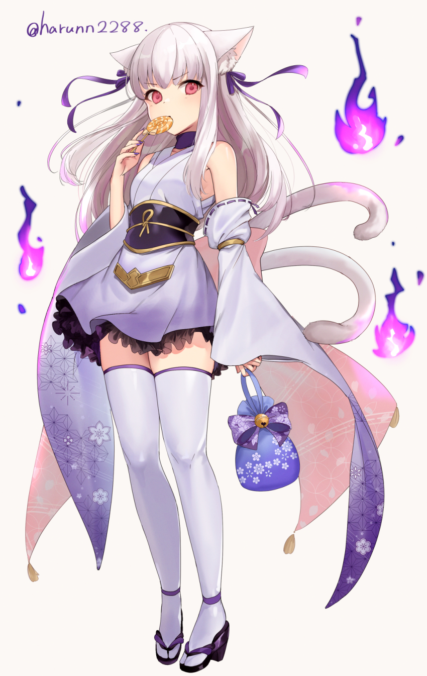 1girl, alternate_costume, animal_ear_fluff, animal_ears, bare_shoulders, candy, cat_ears, cat_tail
