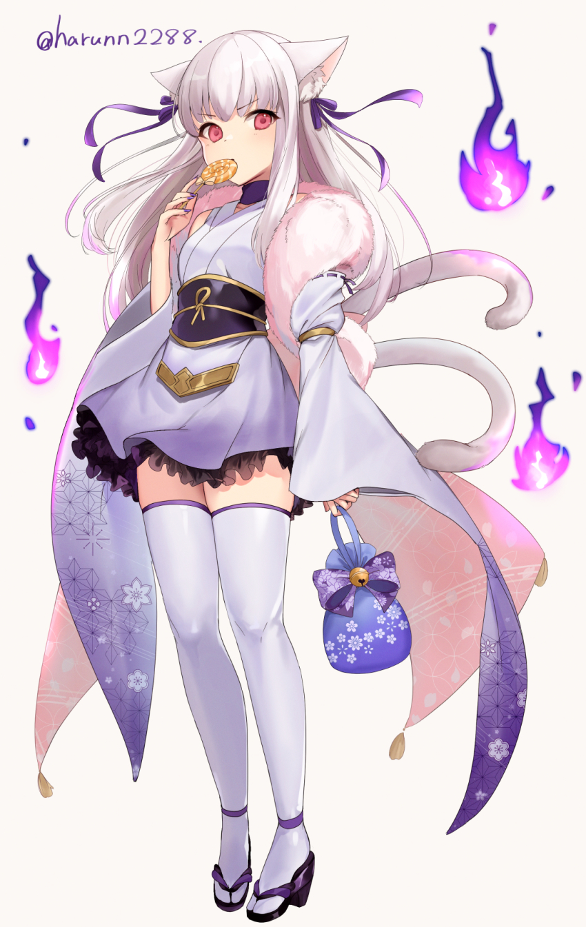 1girl, alternate_costume, animal_ear_fluff, animal_ears, candy, cat_ears, cat_tail, choker, commentary, cosplay, detached_sleeves, fingernails, fire, fire_emblem, fire_emblem:_three_houses, fire_emblem_fates, fire_emblem_heroes, food, full_body, fur_trim, hair_ribbon, halloween, halloween_costume, haru_(nakajou-28), highres, holding, holding_candy, holding_food, holding_lollipop, japanese_clothes, kimono, lollipop, long_hair, looking_at_viewer, lysithea_von_ordelia, mouth_hold, multiple_tails, nail_polish, nintendo, obi, pink_eyes, purple_choker, purple_fire, purple_nails, purple_ribbon, ribbon, sakura_(fire_emblem), sakura_(fire_emblem)_(cosplay), sash, short_kimono, simple_background, tail, thighhighs, twitter_username, white_background, white_hair, white_kimono, white_thighhighs, wide_sleeves, zettai_ryouiki