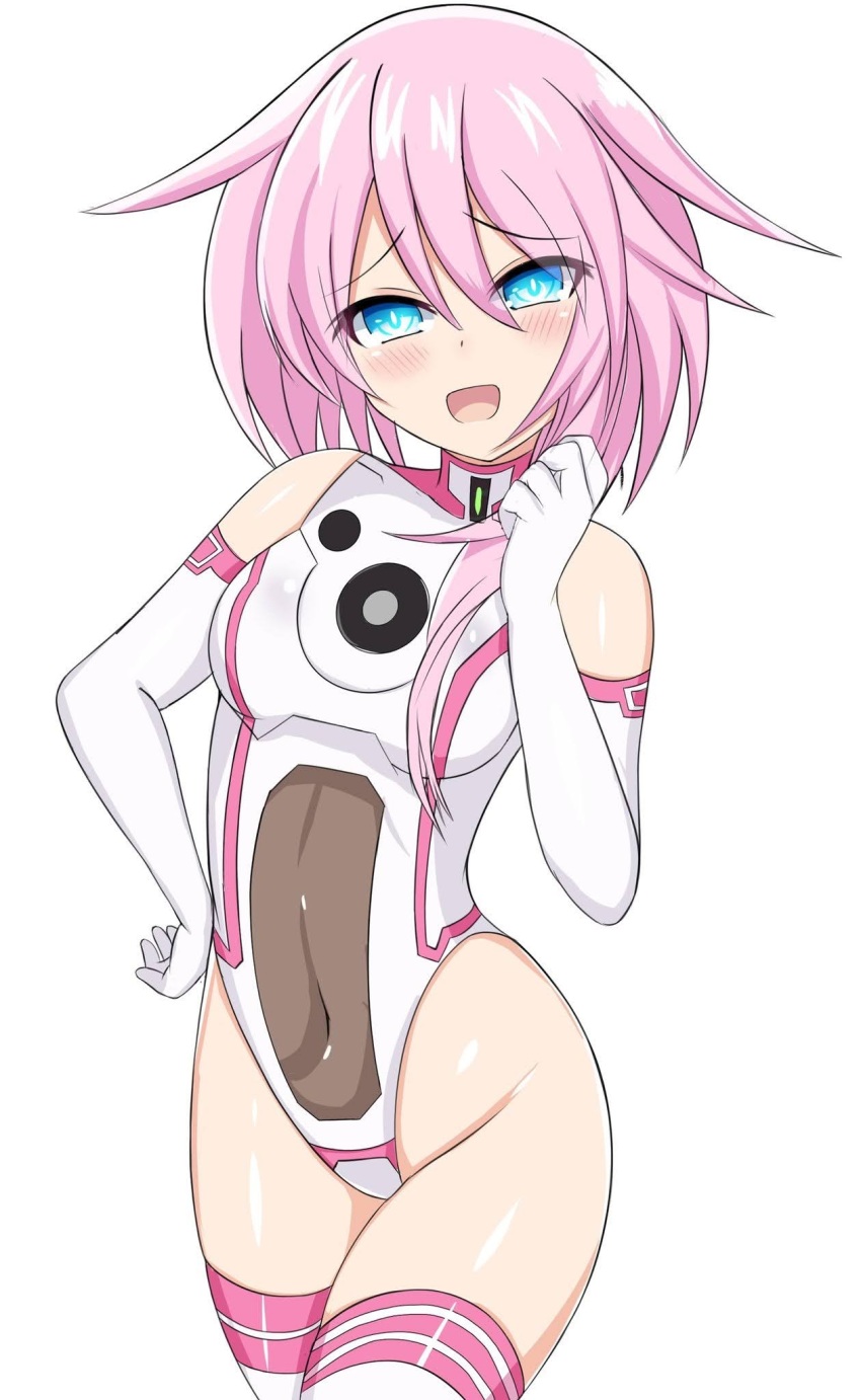 bare_shoulders, blue_eyes, bodysuit, boots, breasts, gloves, happy, highres, neptune_(series), open_mouth, pink_hair, ram_(neptunia), short_hair, small_breasts, stiris_rangetsu, thighs, white_sister_ram