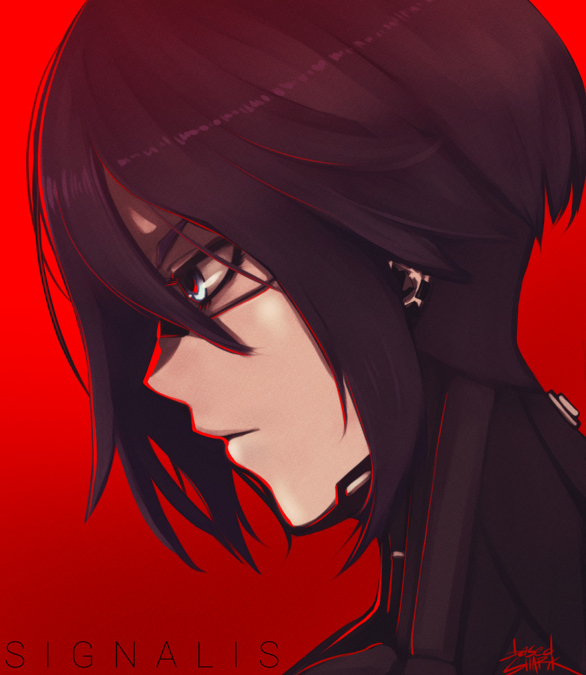 1girl, absurdres, android, basedshark, black_hair, blue_eyes, copyright_name, elster_(signalis)