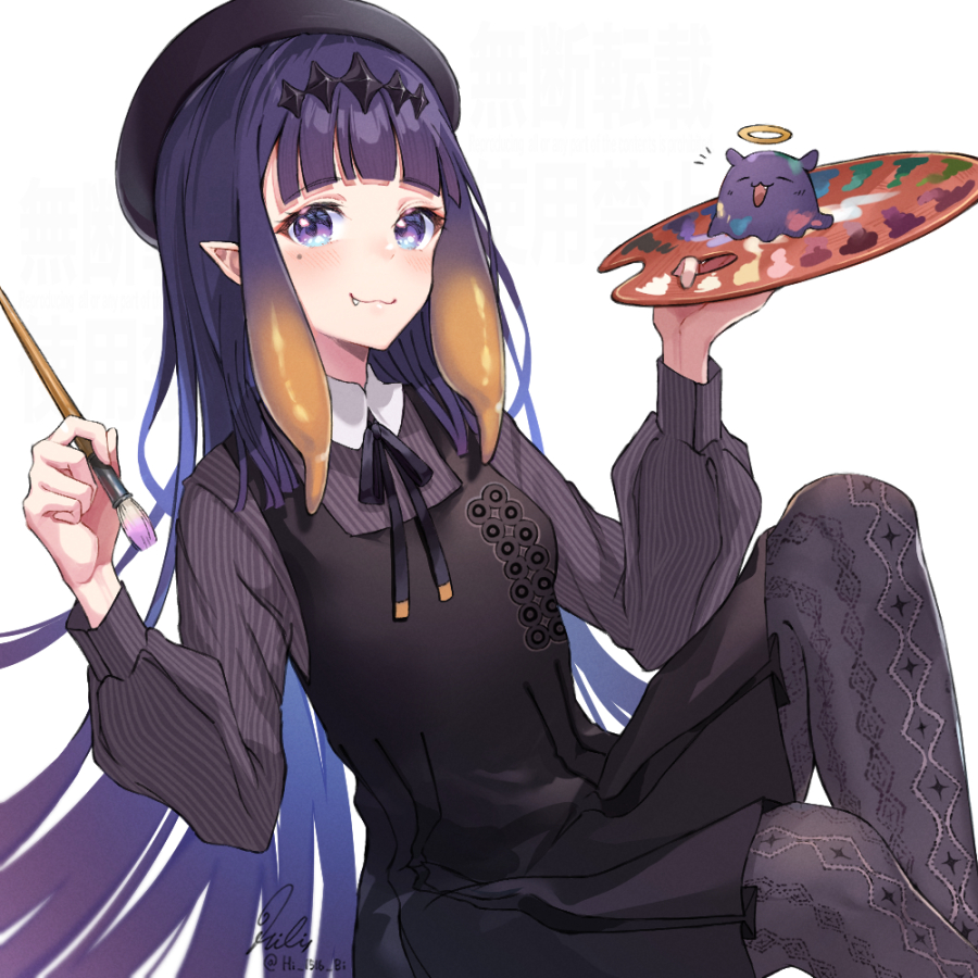 1girl, :3, art_brush, black_dress, black_ribbon, blue_eyes, blunt_bangs, blush, breasts, collared_shirt, commentary, dress, fang, fang_out, gradient_hair, grey_pantyhose, grey_shirt, headpiece, hibi_(hibi_1516), holding, holding_brush, hololive, hololive_english, knit_legwear, long_hair, long_sleeves, looking_at_viewer, mole, mole_under_eye, multicolored_hair, neck_ribbon, ninomae_ina'nis, ninomae_ina'nis_(casual), orange_hair, paintbrush, paint_palette, pantyhose, pinafore_dress, pinstripe_pattern, pinstripe_shirt, pleated_dress, pointy_ears, puffy_long_sleeves, puffy_sleeves, purple_hair, ribbon, shirt, sidelocks, sleeveless, sleeveless_dress, small_breasts, smile, solo, straight_hair, striped_clothes, striped_shirt, takodachi_(ninomae_ina'nis), tentacle_hair, vertical-striped_clothes, vertical-striped_shirt, very_long_hair, virtual_youtuber, w_arms