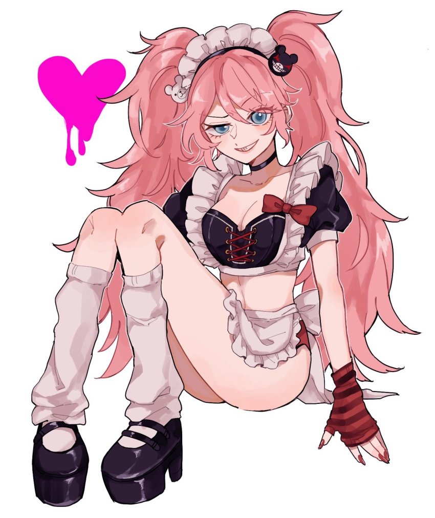1girl, alternate_costume, apron, ass, bear_hair_ornament, black_choker, black_gloves, black_shirt, black_shoes, bow, breasts, choker, cleavage, crop_top, danganronpa:_trigger_happy_havoc, danganronpa_(series), enmaided, enoshima_junko, fingerless_gloves, gloves, grin, hair_between_eyes, hair_ornament, heart, highres, kneehighs, knees_up, long_hair, maid, maid_headdress, medium_breasts, nail_polish, puffy_short_sleeves, puffy_sleeves, red_bow, red_gloves, red_nails, shirt, shoes, short_sleeves, simple_background, sitting, smile, socks, solo, teeth, twintails, waist_apron, white_background, yuma_(yumachansan)