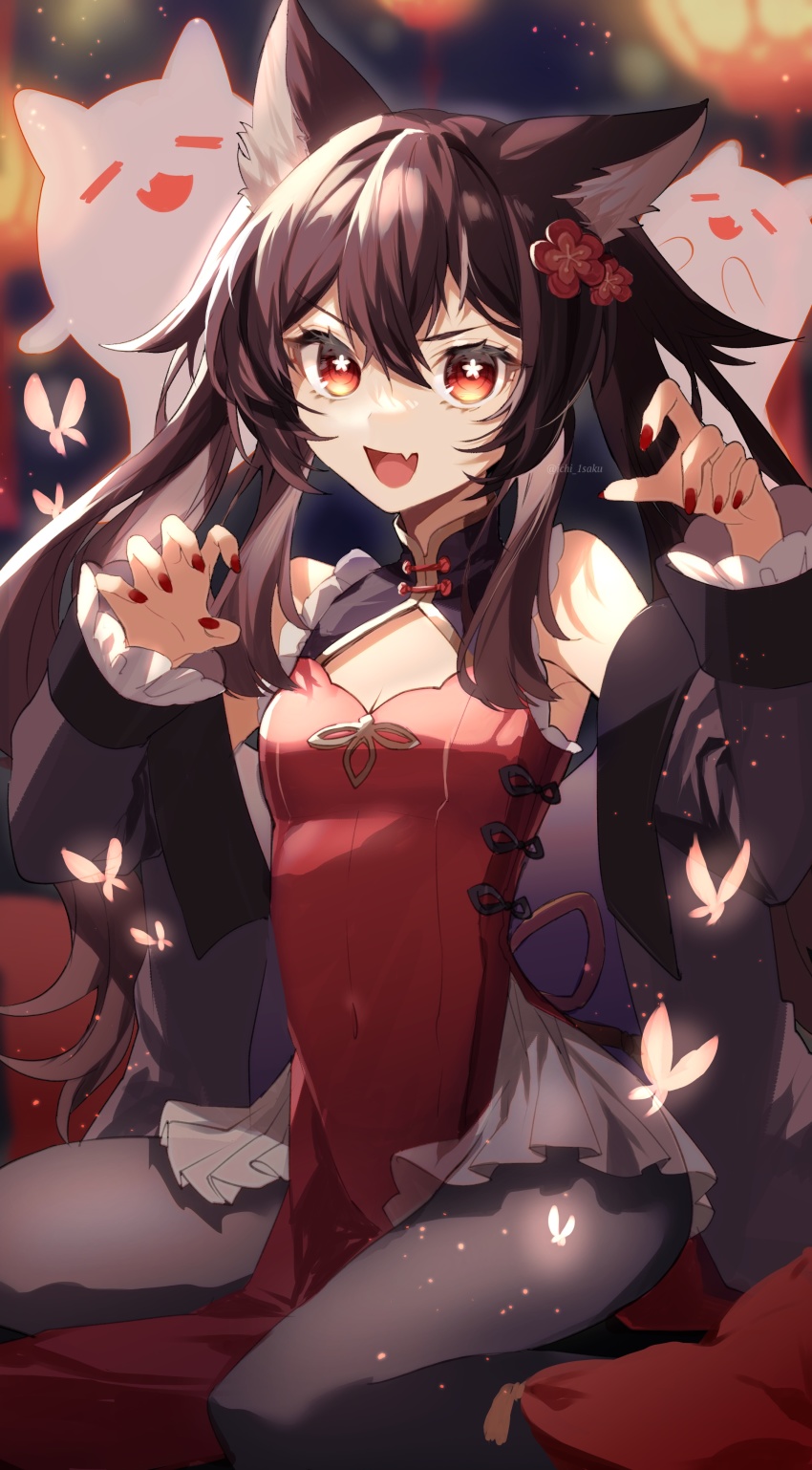 1girl, :d, absurdres, alternate_costume, animal_ears, bare_shoulders, black_pantyhose, boo_tao_(genshin_impact), breasts, brown_coat, butter, claw_pose, cleavage, cleavage_cutout, clothing_cutout, coat, commentary, fang, feet_out_of_frame, flower, flower-shaped_pupils, food, frilled_sleeves, frills, genshin_impact, hair_between_eyes, hair_flower, hair_ornament, highres, hu_tao_(genshin_impact), ichiyume_ichiyu, kemonomimi_mode, leotard, long_hair, long_sleeves, looking_at_viewer, nail_polish, missing_headwear, off_shoulder, open_mouth, pantyhose, plum_blossoms, red_eyes, red_leotard, red_nails, sitting, skin_fang, small_breasts, smile, solo, symbol-shaped_pupils, twitter_username, v-shaped_eyebrows, wariza, wolf_ears, wolf_girl
