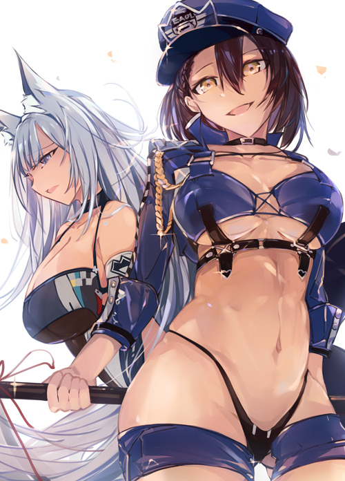 2girls, animal_ears, azur_lane, baltimore_(azur_lane), baltimore_(finish_line_flagbearer)_(azur_lane), bikini, black_choker, blue_bikini, blue_eyes, blue_headwear, blue_jacket, braid, breasts, brown_hair, chest_harness, choker, cleavage, cropped_jacket, flag, fox_ears, fox_girl, grey_hair, hair_behind_ear, hair_between_eyes, harness, highleg, highleg_bikini, holding, holding_flag, jacket, kitsune, large_breasts, long_hair, micro_shorts, mismatched_bikini, multiple_girls, navel, official_alternate_costume, open_mouth, race_queen, shika_(shika0), shinano_(azur_lane), shinano_(moonlit_chrome)_(azur_lane), shorts, side_braid, simple_background, swimsuit, underboob, very_long_hair, white_background, yellow_eyes