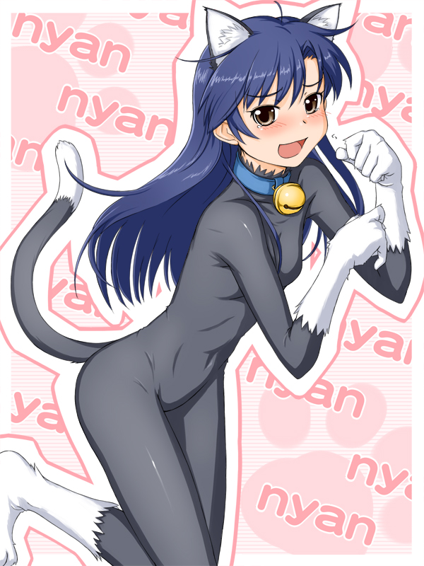 1girl, animal_costume, animal_ears, bad_id, bad_pixiv_id, bell, blue_hair, bodysuit, brown_eyes, cat_costume, cat_ears, cat_tail, collar, female_focus, idolmaster, idolmaster_(classic), jingle_bell, kisaragi_chihaya, long_hair, neck_bell, paw_pose, punto, skin_tight, solo, tail