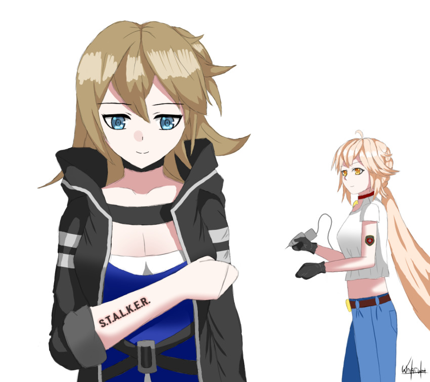 ak-74u_(girls'_frontline), blonde_hair, blue_eyes, choker, denim, girls'_frontline, gloves, highres