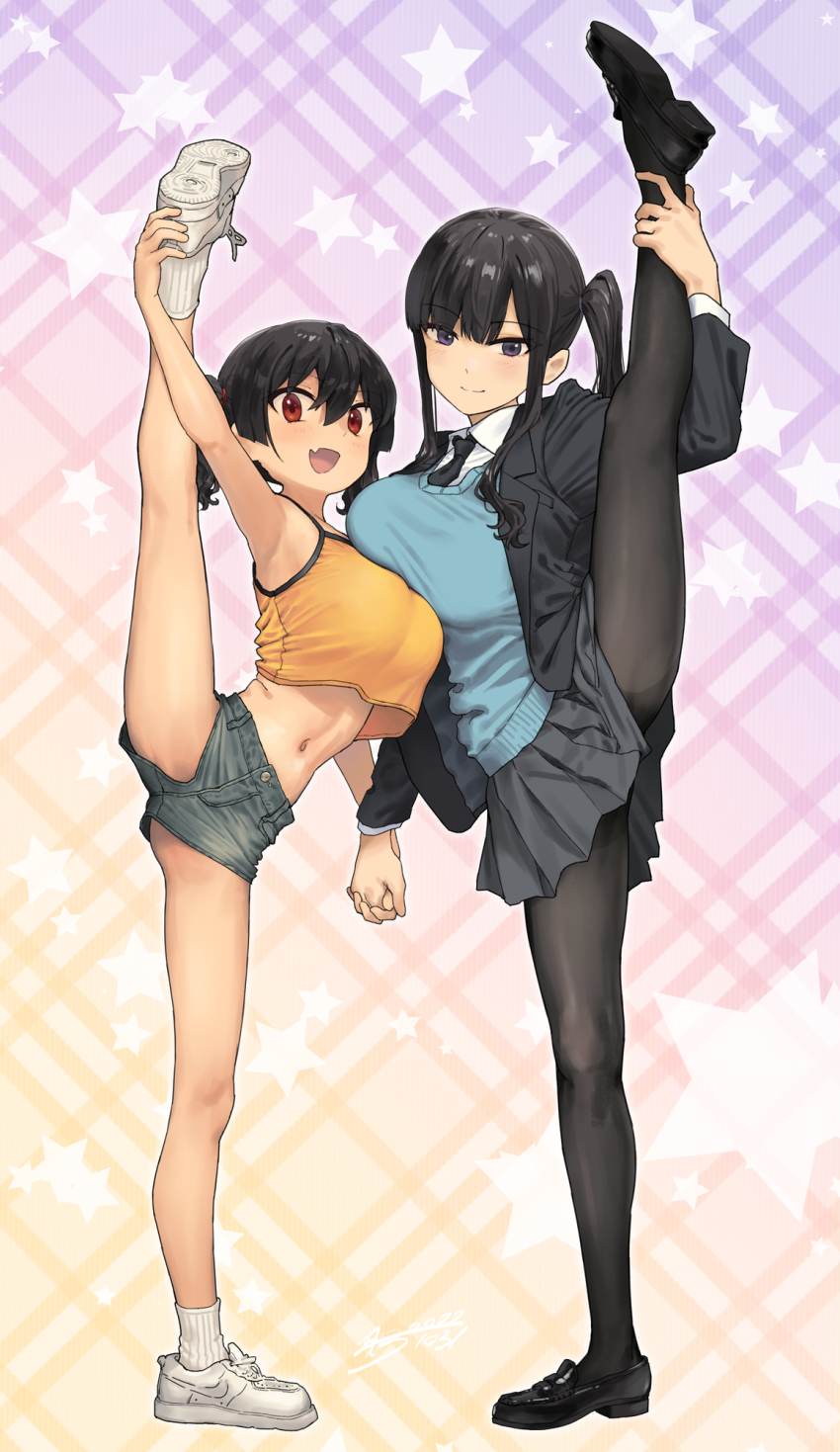 2girls, :d, black_footwear, black_hair, black_jacket, black_necktie, black_pantyhose, black_skirt, blue_sweater_vest, breast_press, breast_rest, breasts, camisole, closed_mouth, fang, full_body, gaki_kyonyuu, gradient_background, grey_shorts, high_side_ponytail, highres, holding_hands, jacket, kaedeko_(kaedelic), large_breasts, leg_up, loafers, looking_at_viewer, midriff, multiple_girls, navel, necktie, nike_(company), nike_air_force_1, open_mouth, oppai_loli, pantyhose, purple_eyes, red_eyes, sasaki_kanna, sasaki_miyuki, shoes, short_hair, short_shorts, shorts, siblings, side_ponytail, sisters, skin_fang, skirt, smile, sneakers, socks, split, standing, standing_on_one_leg, standing_split, star_(symbol), star_symbol_background, sweater_vest, symmetrical_docking, twintails, white_footwear, white_socks, yellow_camisole