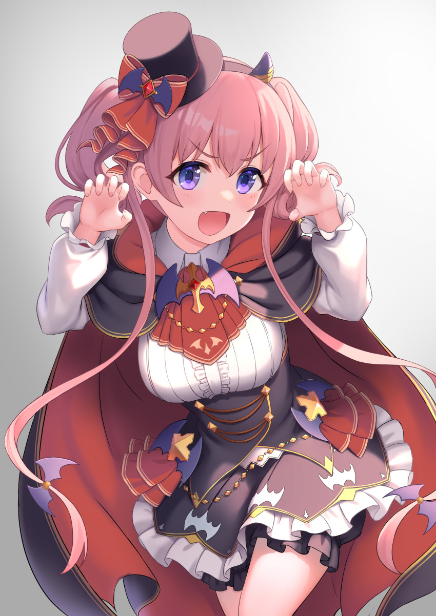 1girl, :d, black_hat, breasts, cape, cementite, cowboy_shot, dress