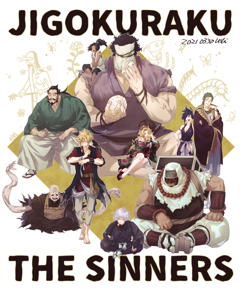 3girls, 6+boys, absurdres, akaginu, aza_choubei, bald, barefoot, bead_bracelet