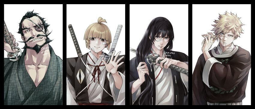 ahoge, aza_choubei, aza_touma, bandages, beard, black_hair, blonde_hair, bowl_cut