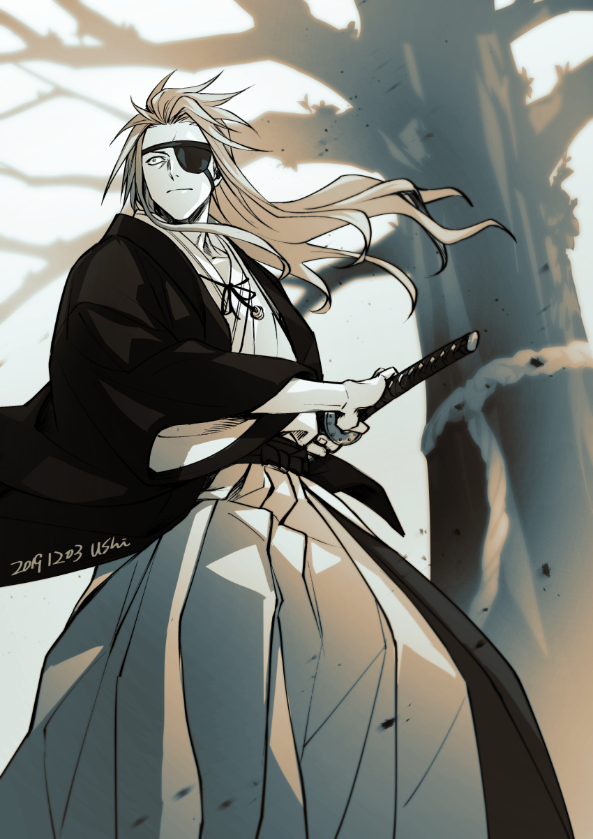 1boy, eyepatch, haori, highres, holding, holding_sword, holding_weapon, japanese_clothes