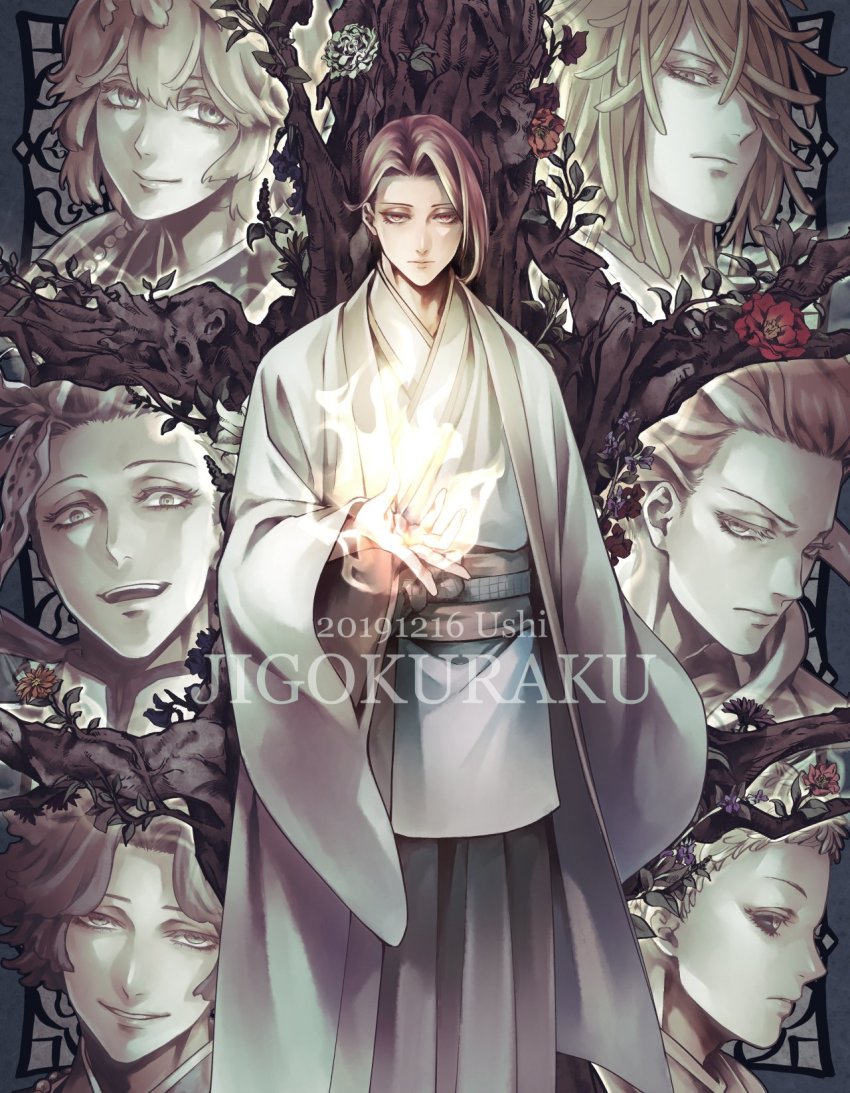 1girl, androgynous, black_sclera, blank_stare, branch, burning, colored_sclera, fire