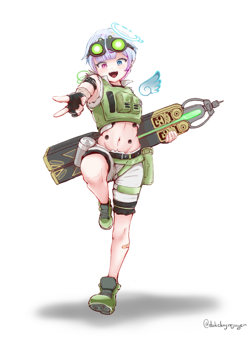 :d, absurdres, amemiya_nazuna, apex_legends, balisong, black_gloves, blue_eyes, butterfly_knife_(apex_legends), cable, cosplay, cropped_vest, fingerless_gloves, gloves, goggles, goggles_on_head, green_footwear, green_shorts, green_vest, grey_hair, heterochromia, highres, holding, holding_knife, huge_weapon, knife, looking_down, octane_(apex_legends), octane_(apex_legends)_(cosplay), open_mouth, pink_eyes, pouch, shadow, shorts, simple_background, smile, thigh_strap, twitter_username, uncleduk, v, vest, virtual_youtuber, vshojo, weapon, white_background