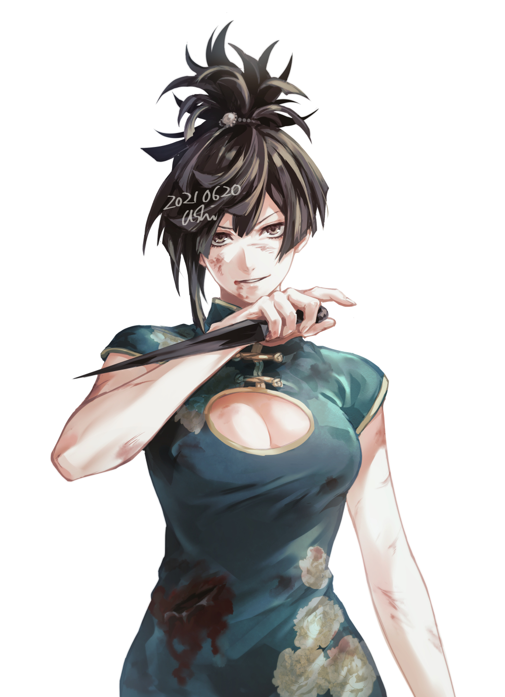 1girl, arm_at_side, black_hair, blood, blood_on_clothes, breasts, china_dress, chinese_clothes, cleavage, cleavage_cutout, clothing_cutout, dated, dress, floral_print, green_dress, grin, hair_between_eyes, hair_bun, hand_up, head_tilt, highres, holding, holding_kunai, holding_weapon, injury, jigokuraku, kunai, large_breasts, looking_at_viewer, medium_breasts, naughty_face, neck, ninja, parted_lips, short_sleeves, simple_background, smile, solo, topknot, ushi_424, weapon, white_background, yuzuriha_(jigokuraku)