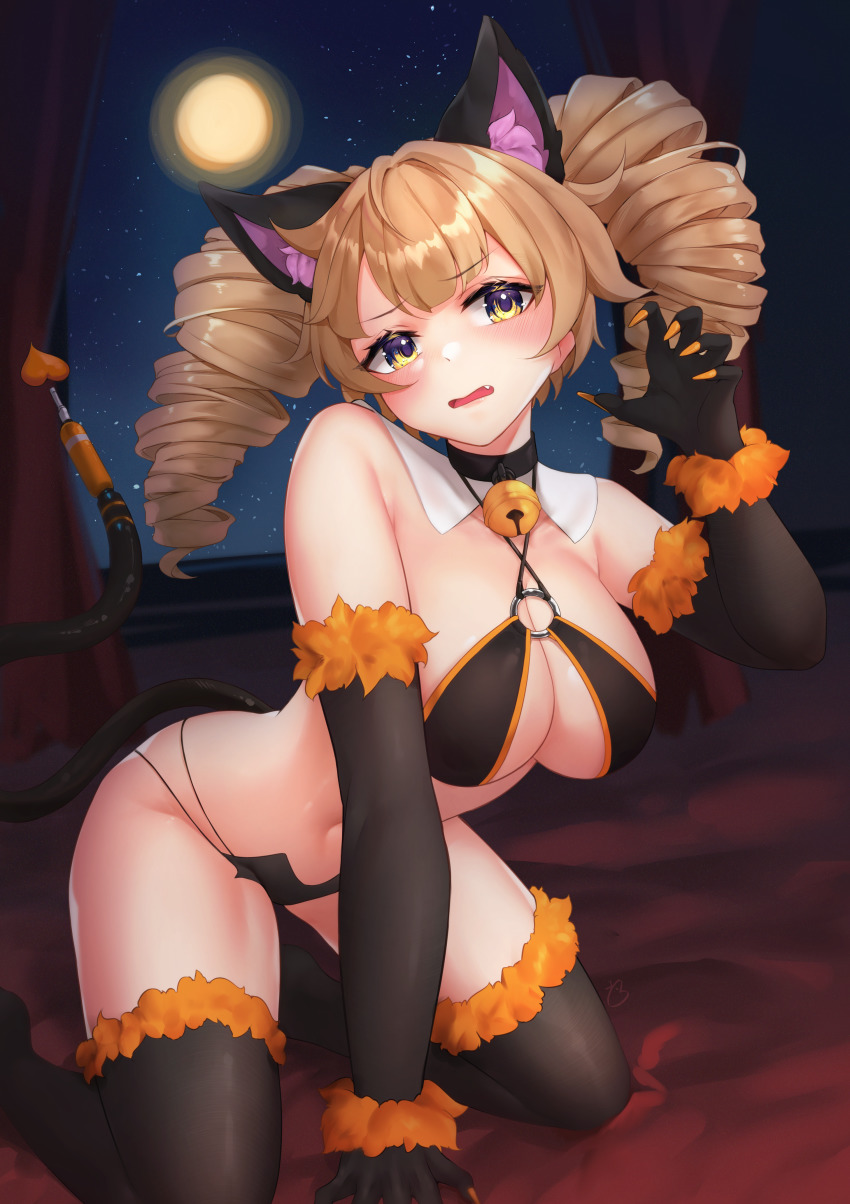 1girl, absurdres, alternate_costume, animal_ears, audio_jack, bare_shoulders, bell, bikini, blonde_hair, breadthree, breasts, cable, cleavage, drill_hair, elbow_gloves, embarrassed, fake_animal_ears, fake_tail, gloves, highres, kneeling, looking_at_viewer, medium_breasts, medium_hair, moon, navel, neck_bell, night, shiro_(tower_of_fantasy), solo, swimsuit, tail, tower_of_fantasy, twin_drills, yellow_eyes