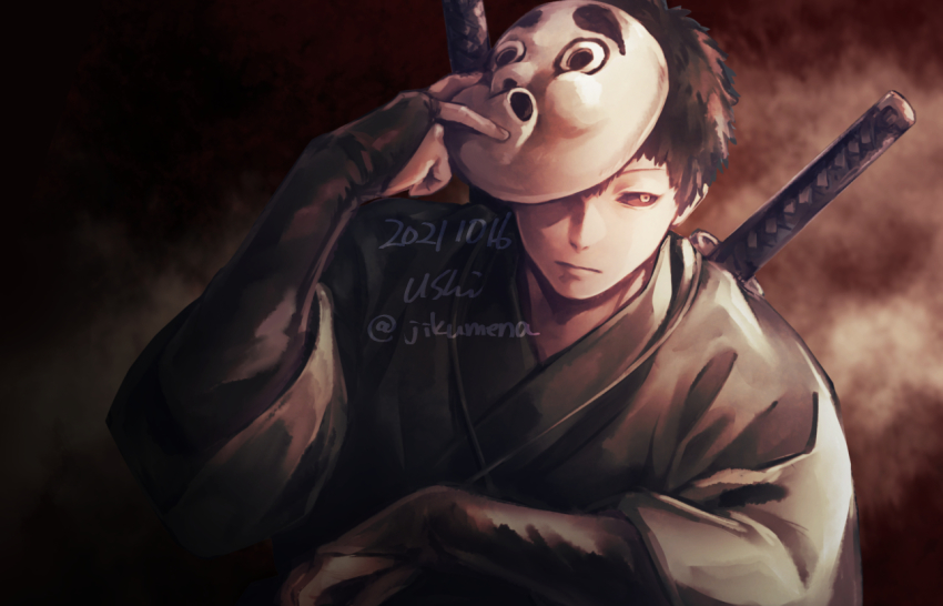 1boy, black_hair, black_sclera, colored_sclera, holding, hyottoko_mask, jigokuraku, katana