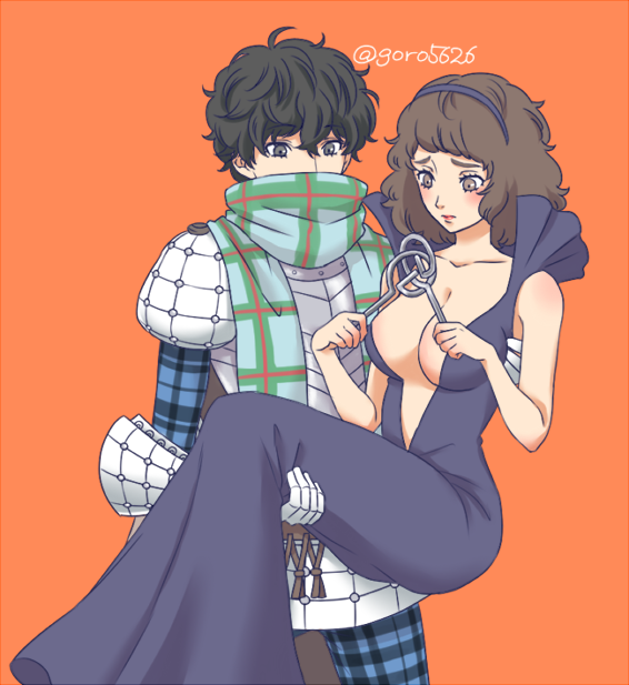 1boy, 1girl, amamiya_ren, black_hair, blush, breasts, brown_eyes, brown_hair