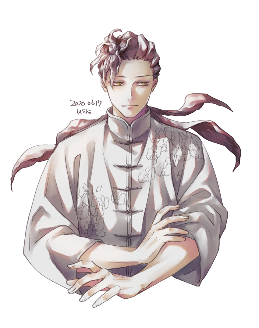 absurdres, androgynous, chinese_clothes, collared_shirt, highres, jigokuraku, long_hair, looking_to_the_side