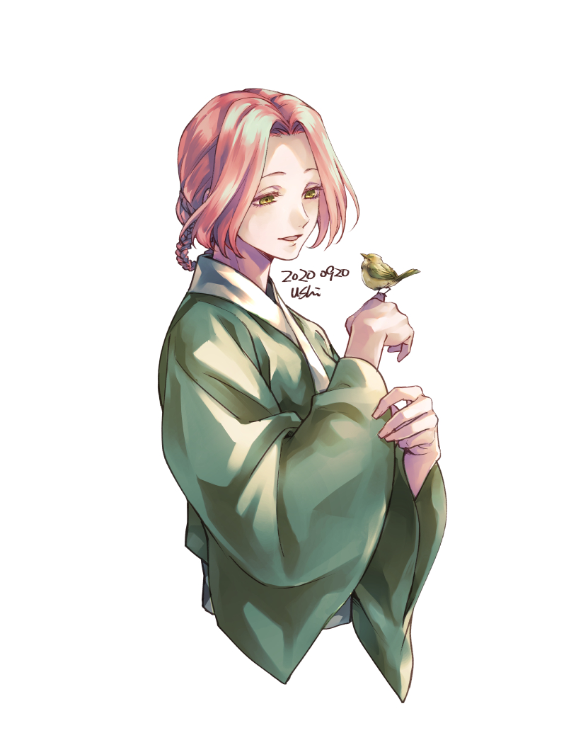 1girl, bird, bird_on_hand, braid, double_bun, green_robe, hair_bun, jigokuraku
