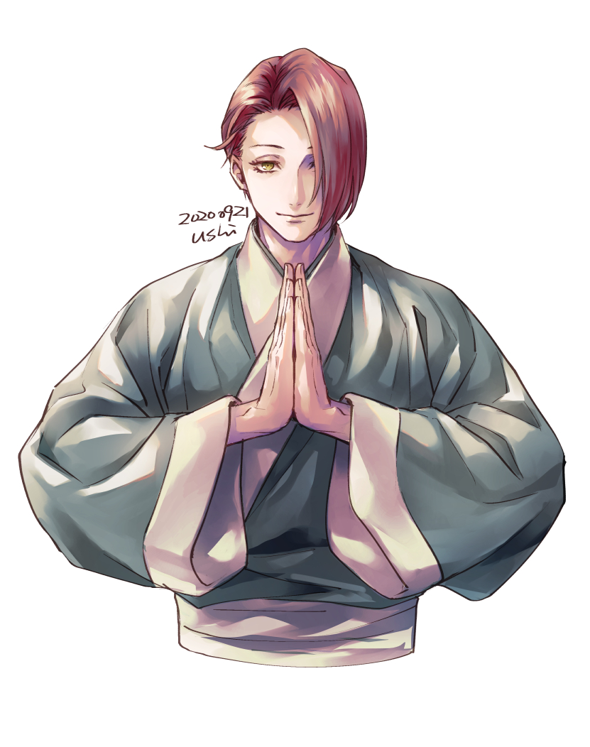 1girl, androgynous, brown_hair, hair_over_one_eye, jigokuraku, looking_at_viewer, own_hands_together, rien_(jigokuraku)