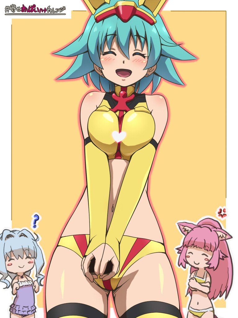 3girls, ?, awa, blue_hair, blush, breasts, closed_mouth, earrings, gundam, gundam_build_divers, jewelry, long_hair, looking_at_viewer, momo_(gundam_build_divers), multiple_girls, nami_(gundam_build_divers), nanase_nanami_(gundam_build_divers), navel, open_mouth, panties, sara_(gundam_build_divers), shiny_skin, short_hair, simple_background, smile, thighhighs, underwear, yashiro_momoka