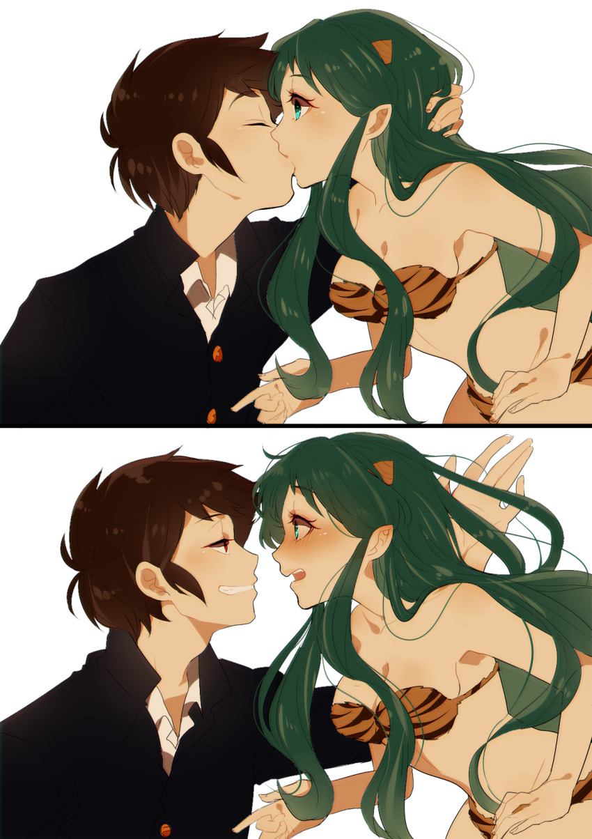 1boy, 1girl, 2koma, animal_print, bikini, blue_eyes, blush, breasts