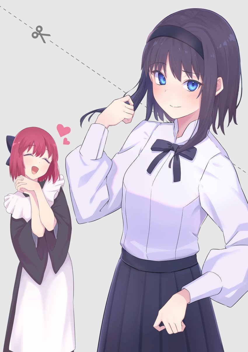 2girls, absurdres, alternate_hair_length, alternate_hairstyle, apron, black_hair, black_hairband, black_kimono