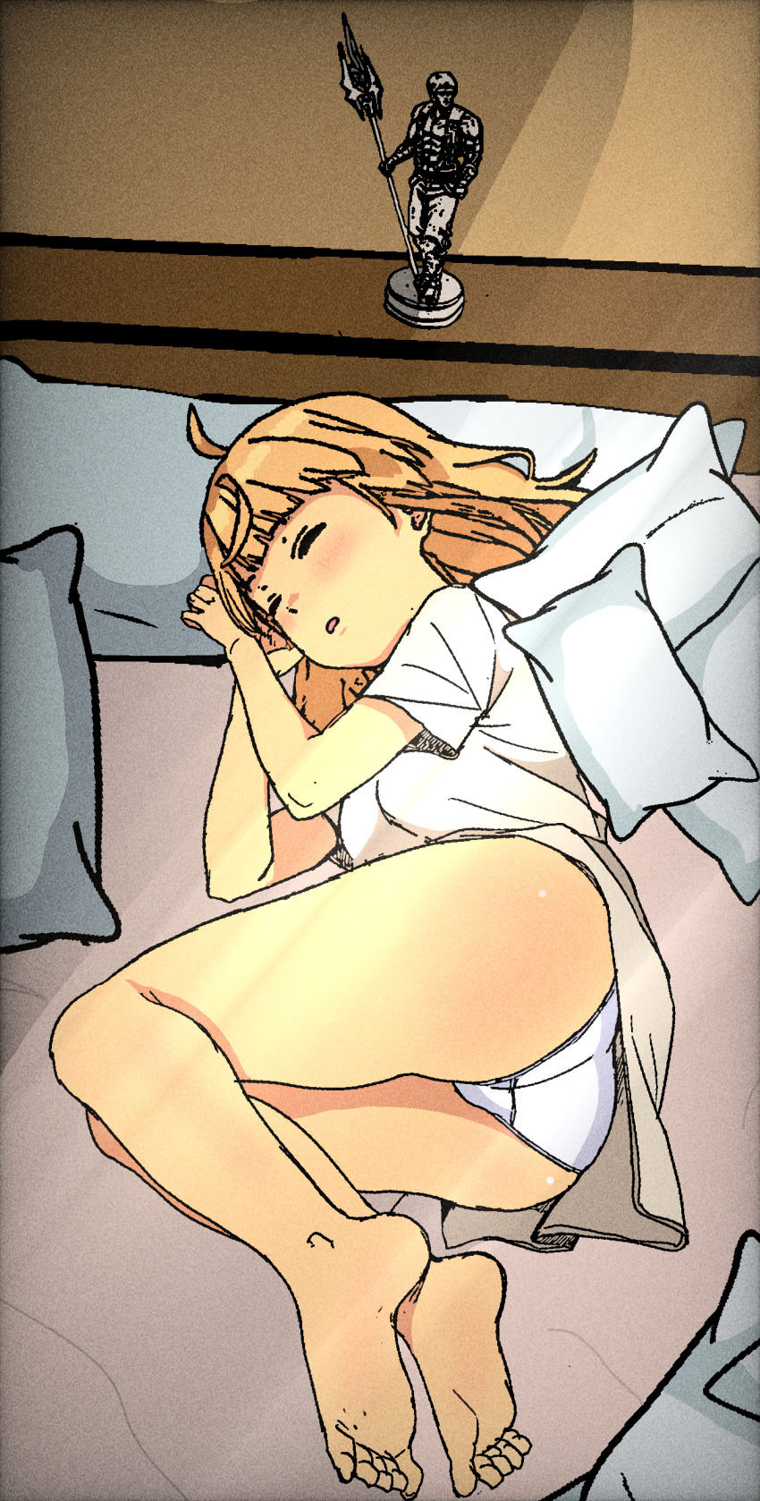absurdres, barefoot, bed, blonde_hair, highres, mushoku_tensei, norn_greyrat, panties, pijama, pillow, ruijerd_superdia, sleeping, statuette, underwear, white_panties