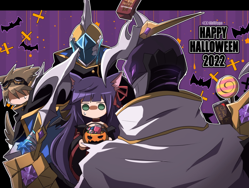 1girl, 3boys, abfbfygo, animal_ears, auram_(yu-gi-oh!), bat_(animal), brown_hair, candy, cat_ears, chibi, chocolate, chosen_by_the_world_chalice, comic, duel_monster, faceless, faceless_male, food, goggles, goggles_on_head, green_eyes, halloween, halloween_bucket, happy_halloween, ib_(yu-gi-oh!), knightmare_corruptor_iblee, lee_(yu-gi-oh!), long_hair, mekk-knight_avram, mekk-knight_blue_sky, mekk-knight_purple_nightfall, multiple_boys, pocky, purple_eyes, sweatdrop, trick-or-treating, yu-gi-oh!